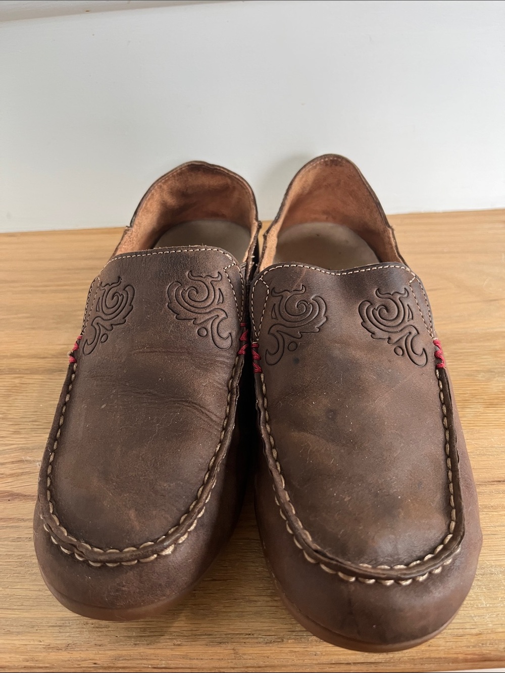 OluKai Women's Brown Leather Slip-On Loafers with Embossed Detail